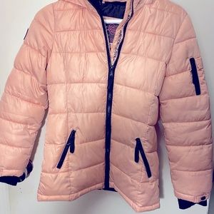 Like New Justice Girls Hooded Puffy Winter Coat Size 10- Pink w/ cuffed Sleeves